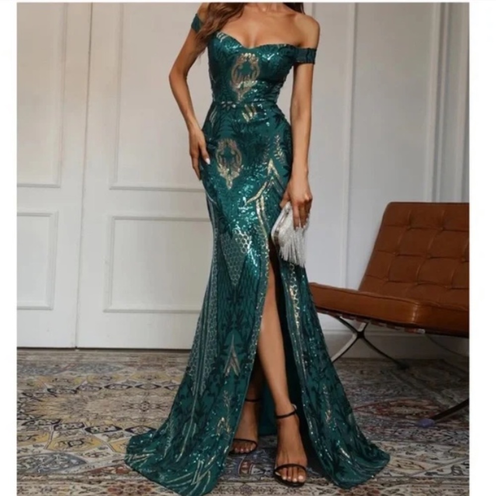 Luxurious Off Shoulder Mermaid Hem Holidays Wedding Evening Formal Sequins Dress - Picture 2 of 8
